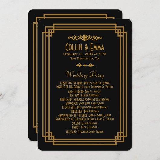 Einfache Art Deco Black Wedding Programme (Vorne/Hinten)