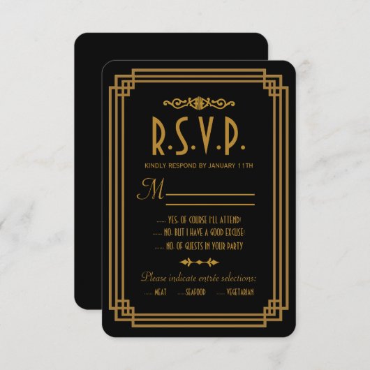 Einfache Art Deco Black Wedding Response Cards RSVP Karte (Vorne/Hinten)