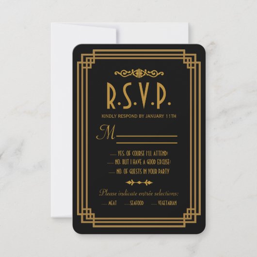 Einfache Art Deco Black Wedding Response Cards RSVP Karte (Vorderseite)