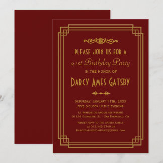Einfache Art Deco Burgund Geburtstagsparty lädt ei Einladung