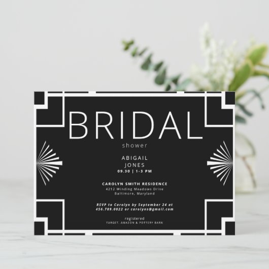 Einfache Art Deco Rahmen Schwarz/Weiß Brautparty Einladung (Stehend Vorderseite)