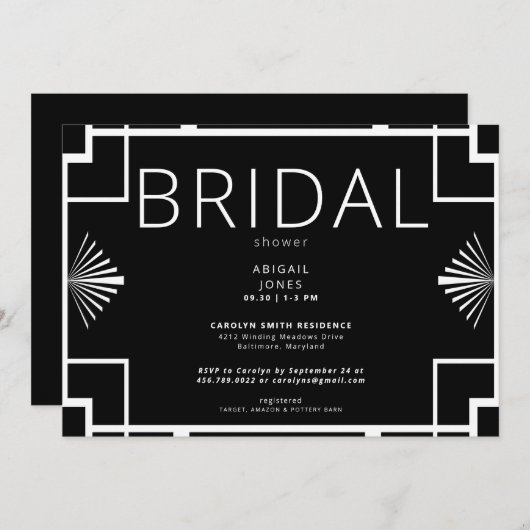 Einfache Art Deco Rahmen Schwarz/Weiß Brautparty Einladung (Vorne/Hinten)