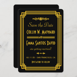 Einfache Art Deco Schwarz und Gold Save the Date Einladung