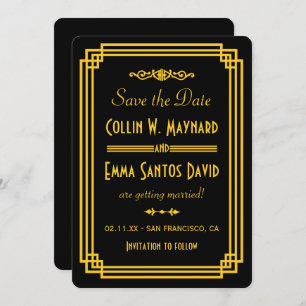 Einfache Art Deco Schwarz und Gold Save the Date Einladung