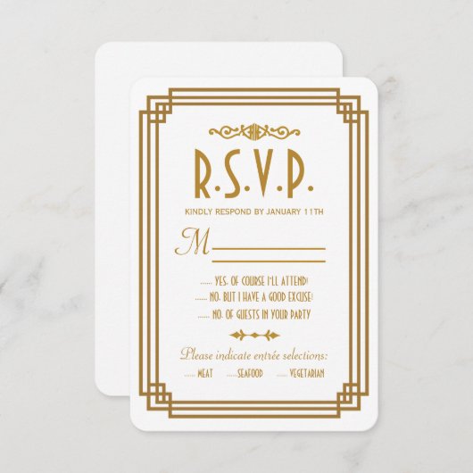 Einfache Art Deco White Wedding RSVP Response Card (Vorne/Hinten)