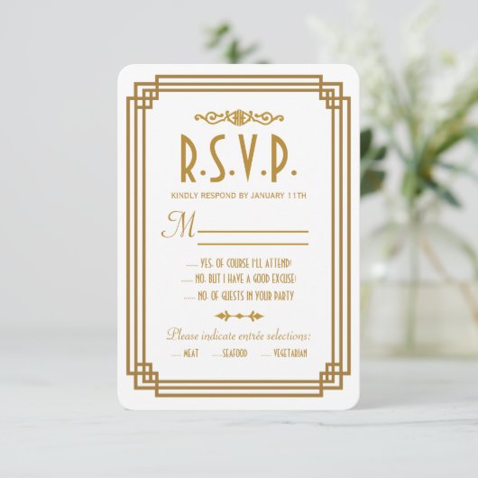 Einfache Art Deco White Wedding RSVP Response Card (Stehend Vorderseite)