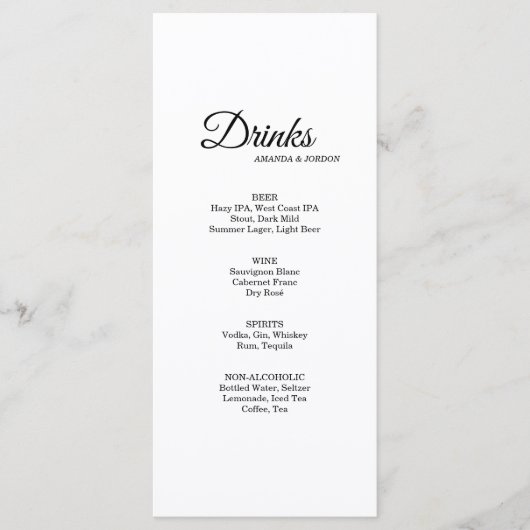 Einfache Auswahl an Getränken in Schwarz und Weiß Menükarte (Vorderseite)