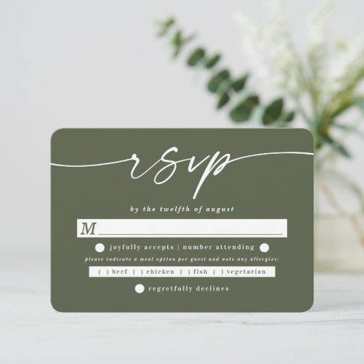 Einfache Auswahl an Solid Monstera Green Wedding M RSVP Karte (Stehend Vorderseite)