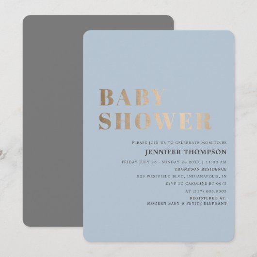 Einfache Baby Blue & Gold Baby Dusche Einladung (Vorne/Hinten)
