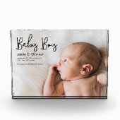 Einfache Baby Boy Ankündigung Modernes Skript Fotoblock (Vorderseite)
