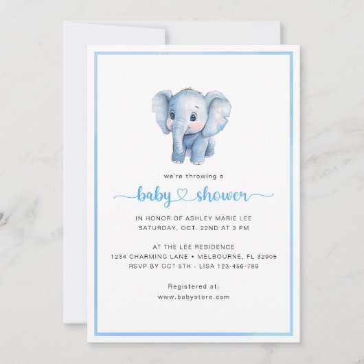 Einfache Baby Boy Dusche Wasserfarbe Elephant Einladung (Vorderseite)