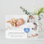 Einfache Baby Boy Foto Collage Blue Monogram Herz Ankündigung (Stehend Vorderseite)