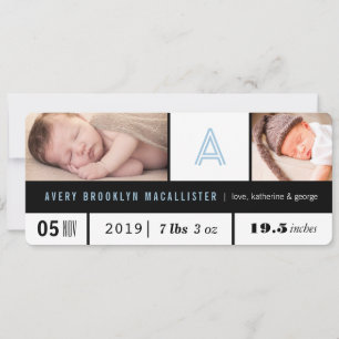 Einfache Baby-Jungen-Statistiken Blaue Monogramm 2 Ankündigung
