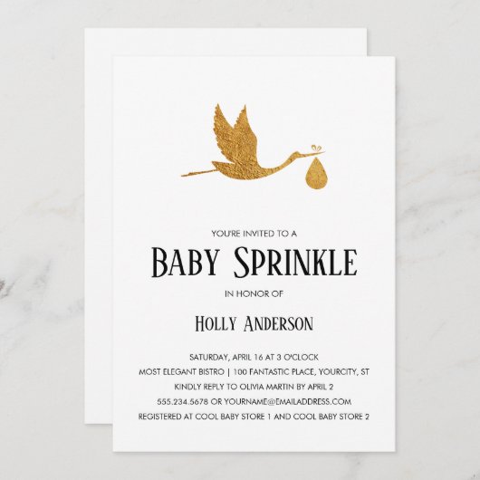 Einfache Baby Sprinkle Imitats Gold Foil Stork w B Einladung (Vorne/Hinten)