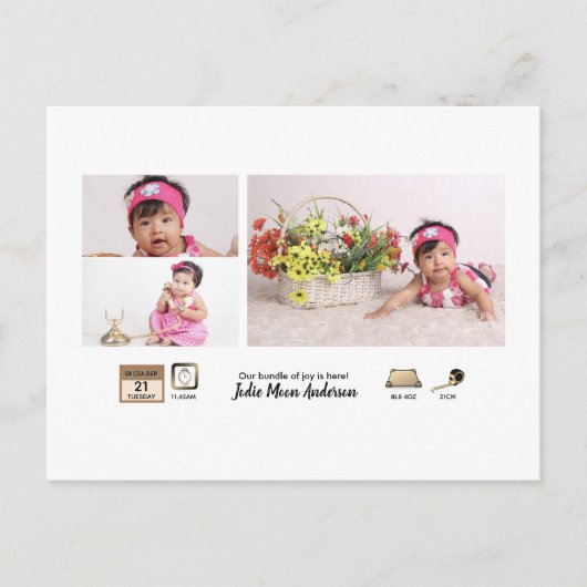 Einfache BABY STATS Ankündigung von Foto Collage Postkarte (Vorderseite)