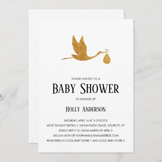 Einfache Babydusche Imitate Gold Foil Storch mit B Einladung (Vorne/Hinten)