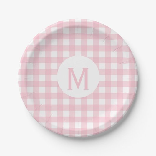 Einfache Basic Baby Pink Gingham Monogram Pappteller (Vorderseite)
