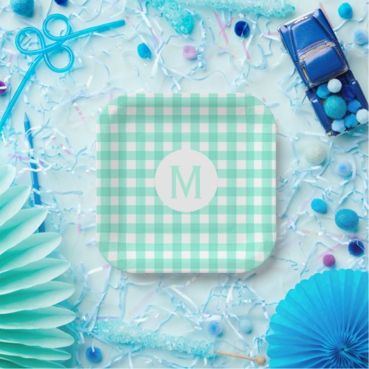 Einfache Basic Mint Green Gingham Monogram Pappteller (Party)
