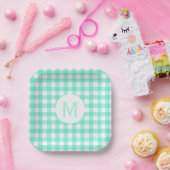 Einfache Basic Mint Green Gingham Monogram Pappteller (Party)