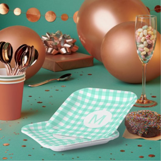 Einfache Basic Mint Green Gingham Monogram Pappteller (Multi)