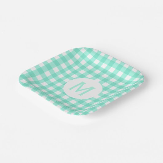Einfache Basic Mint Green Gingham Monogram Pappteller (Gewinkelt)