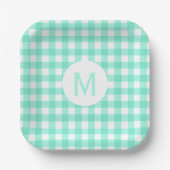 Einfache Basic Mint Green Gingham Monogram Pappteller (Vorderseite)