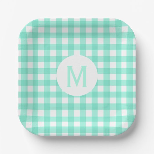 Einfache Basic Mint Green Gingham Monogram Pappteller (Vorderseite)