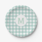 Einfache Basissage Green Gingham Monogram Pappteller (Vorderseite)