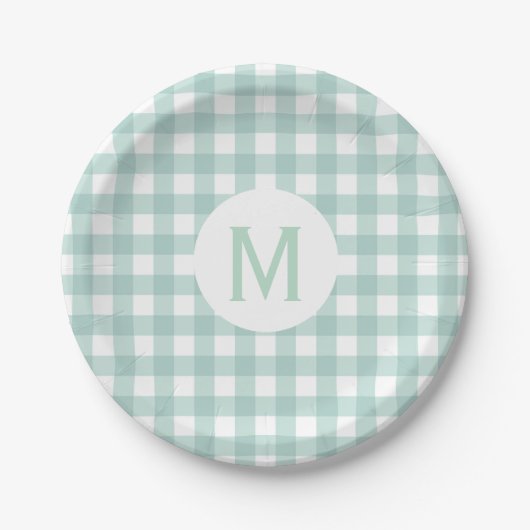 Einfache Basissage Green Gingham Monogram Pappteller (Vorderseite)