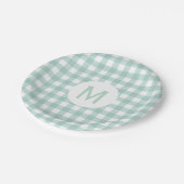Einfache Basissage Green Gingham Monogram Pappteller (Schrägansicht)