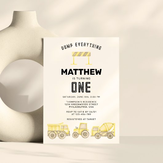 Einfache Baufahrzeuge zum ersten Geburtstag Einladung