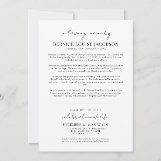 Einfache Beerdigung eines eleganten Gedächtnisses Einladung (Rückseite)