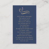 Einfache Beerdigung Foto Gold Script Blue Prayer C Visitenkarte (Rückseite)