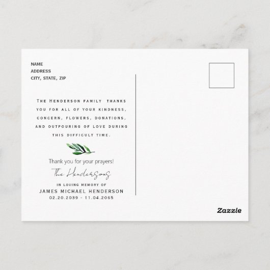 Einfache Beerdigung mit Blumensteppe Danke Postkarte (Rückseite)