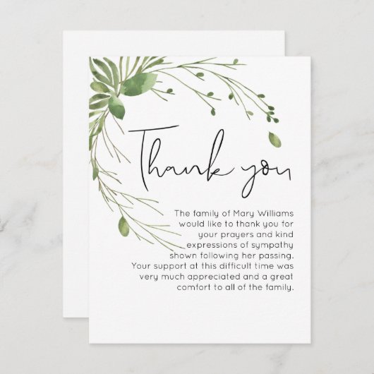 Einfache Begräbnisgrün Danke Note Card (Vorne/Hinten)