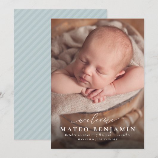 Einfache Begrüßungsskripte - Blaue Geburt des Foto Ankündigung (Vorne/Hinten)