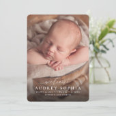 Einfache Begrüßungsskripte Rosa Geburt des Fotos Ankündigung (Stehend Vorderseite)