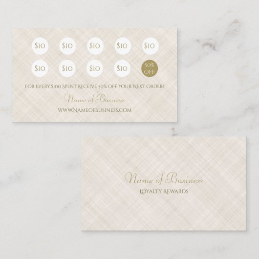 Einfache Beige Linen Elegantes Gold Script Loyalit Treuekarte (Vorne/Hinten)