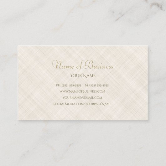 Einfache Beige Linen Muster Elegantes Gold Script Visitenkarte (Rückseite)
