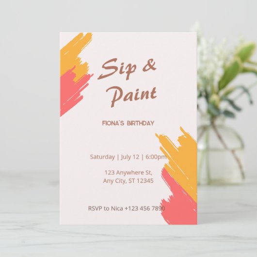 Einfache benutzerdefinierbare Sip- und Paint-Party Einladung (Stehend Vorderseite)