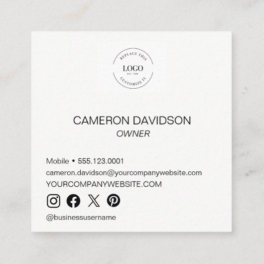 Einfache benutzerdefinierte Firmenlogo Name Titel Quadratische Visitenkarte (Rückseite)