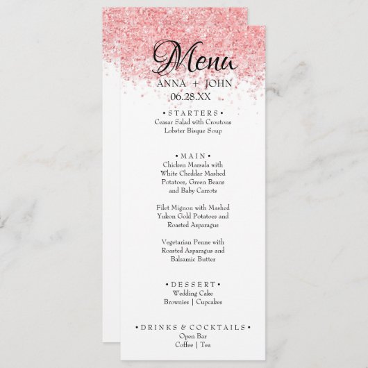 Einfache benutzerdefinierte Text Rosa Glitzer Hoch Menükarte (Vorne/Hinten)