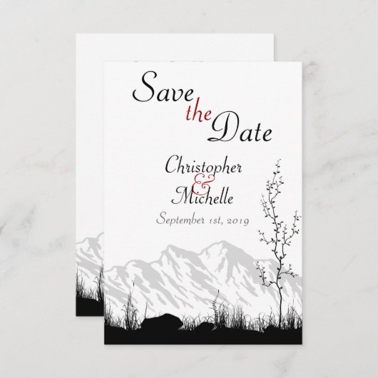 Einfache Bergszene Schwarz, Weiß und Rot Save The Date (Vorne/Hinten)