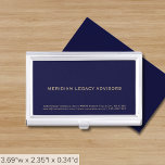 Einfache Berufliche Navy Blue und Gold Visitenkarten Dose<br><div class="desc">Erhöhen Sie Ihr Netzwerkspiel mit diesem einfachen, schlanken und beruflichen Visitenkartengehäuse. Im marineblauen Hintergrund finden Sie Ihren Firmennamen mit Adresse, Website und Kontaktinformationen in klassischer goldener Typografie in den unteren Drittel, die Ihren geschäftlichen Interaktionen eine Touch von Raffinesse verleihen. Bleibe organisiert und mache einen bleibenden Eindruck mit diesem stilvollen Accessoire....</div>