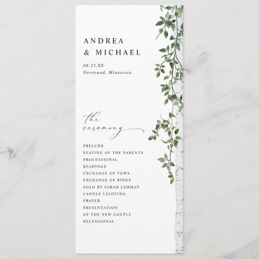 Einfache Birch Tree Greenerity Foliage Hochzeit Programm (Vorderseite)