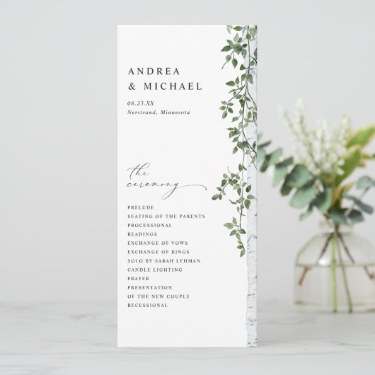 Einfache Birch Tree Greenerity Foliage Hochzeit Programm (Stehend Vorderseite)