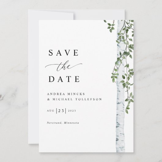 Einfache Birkenhochzeit Save The Date (Vorderseite)