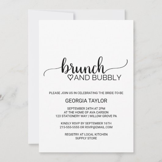Einfache Black Calligraphy Brunch und Bubbly Einladung (Vorderseite)