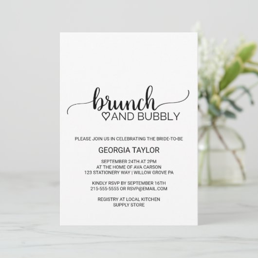 Einfache Black Calligraphy Brunch und Bubbly Einladung (Stehend Vorderseite)