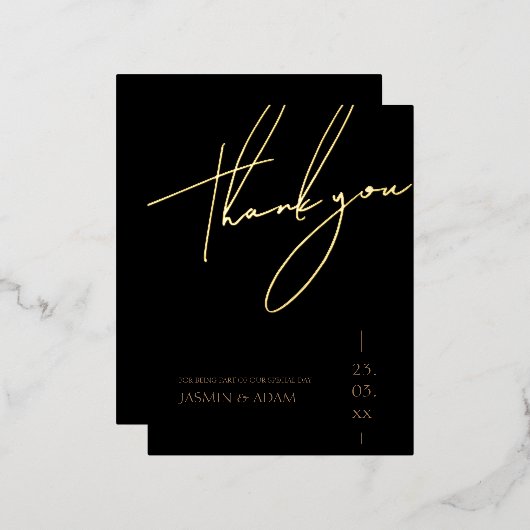Einfache Black Gold Script Hochzeit Danke Gold Folie Einladungspostkarte (Vorderseite/Rückseite)